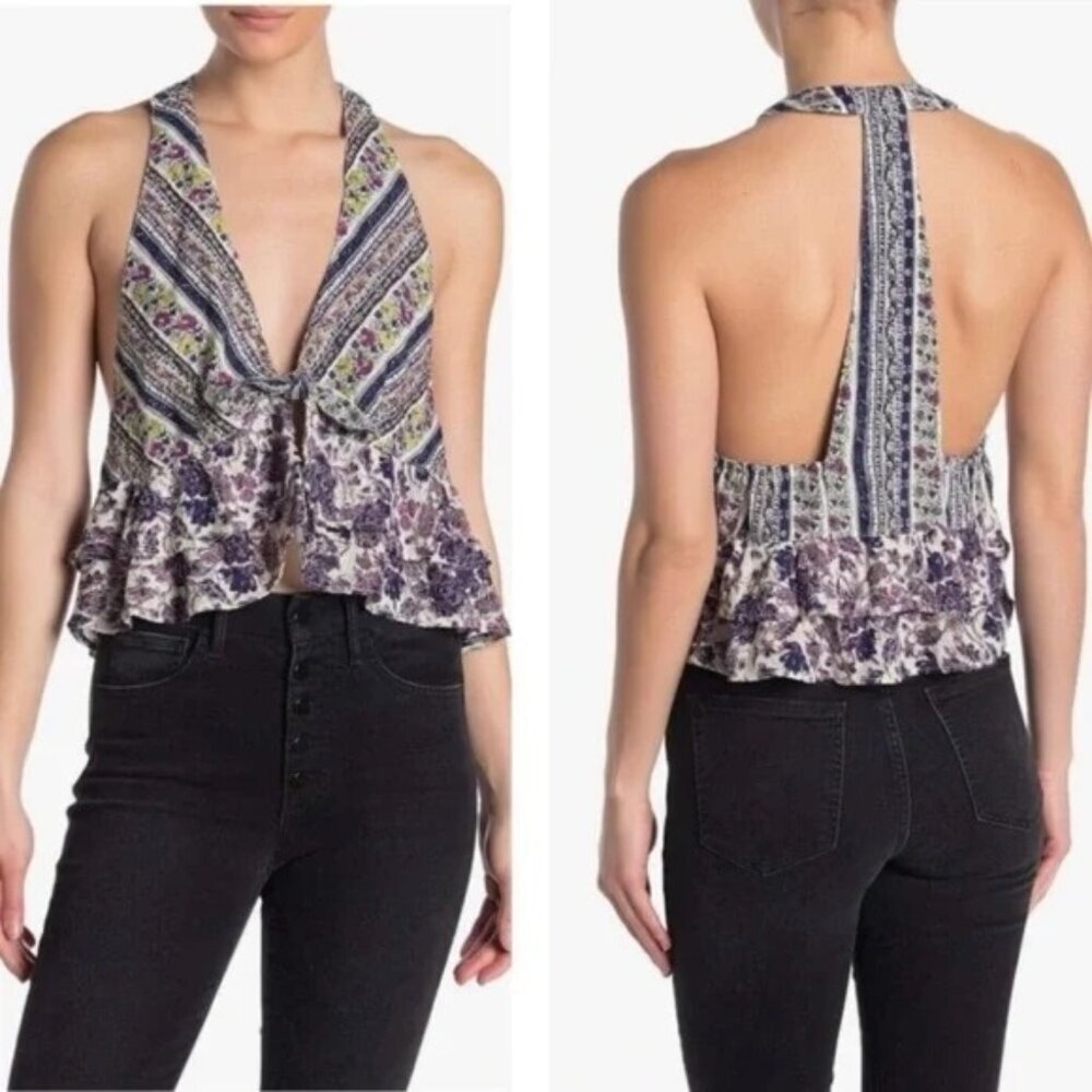 Free People Love Charm Halter Tank Top Purple Floral Boho Women's L
